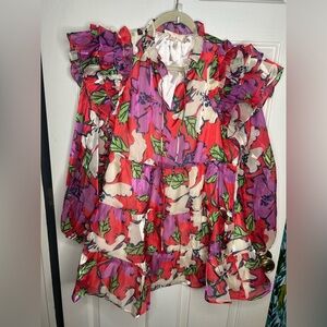 Flowy mini Red and Purple Floral Dress long sleeve size M women’s
